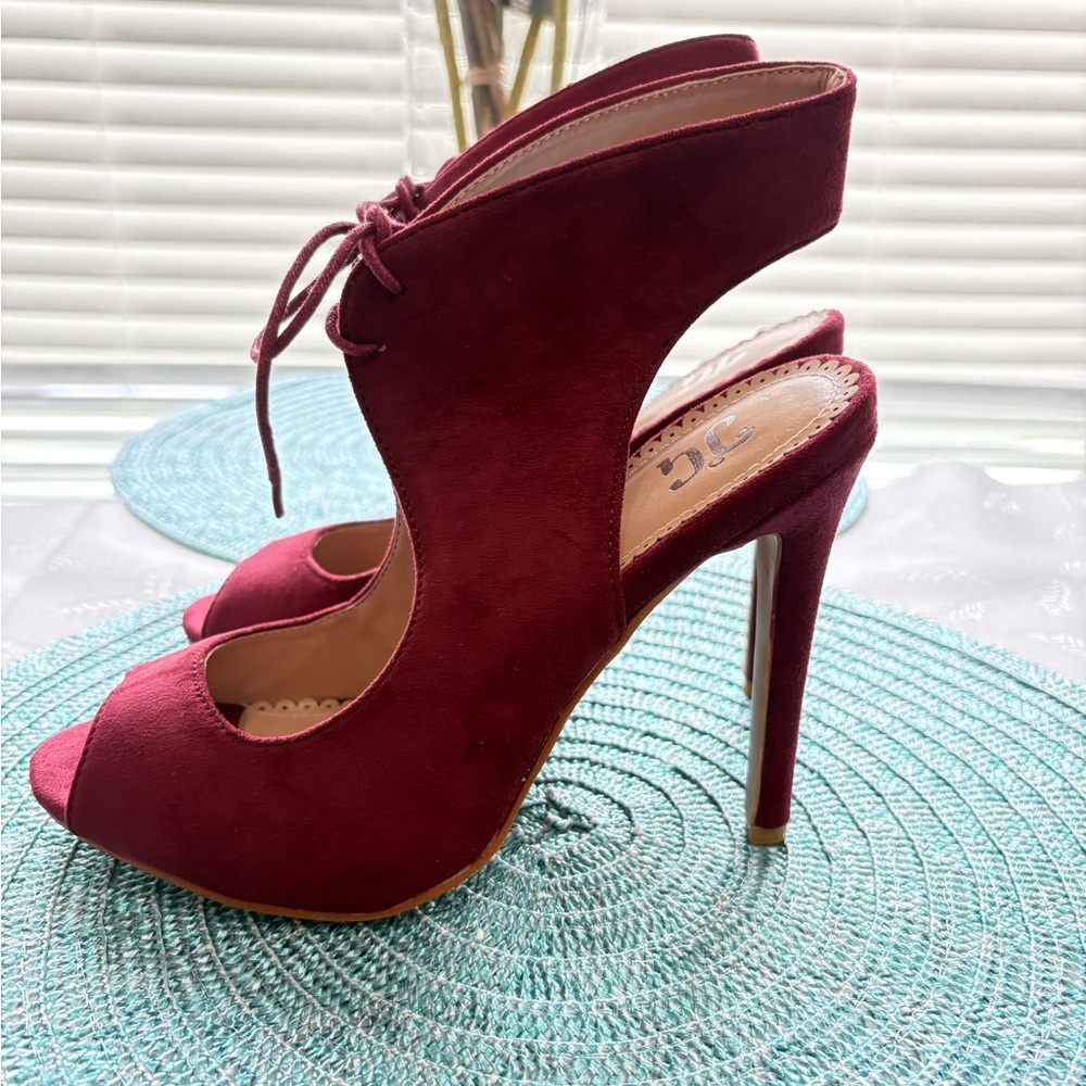 Journee Collection Style 20892 Burgundy Lace-Up Peep Toe Pumps Heels